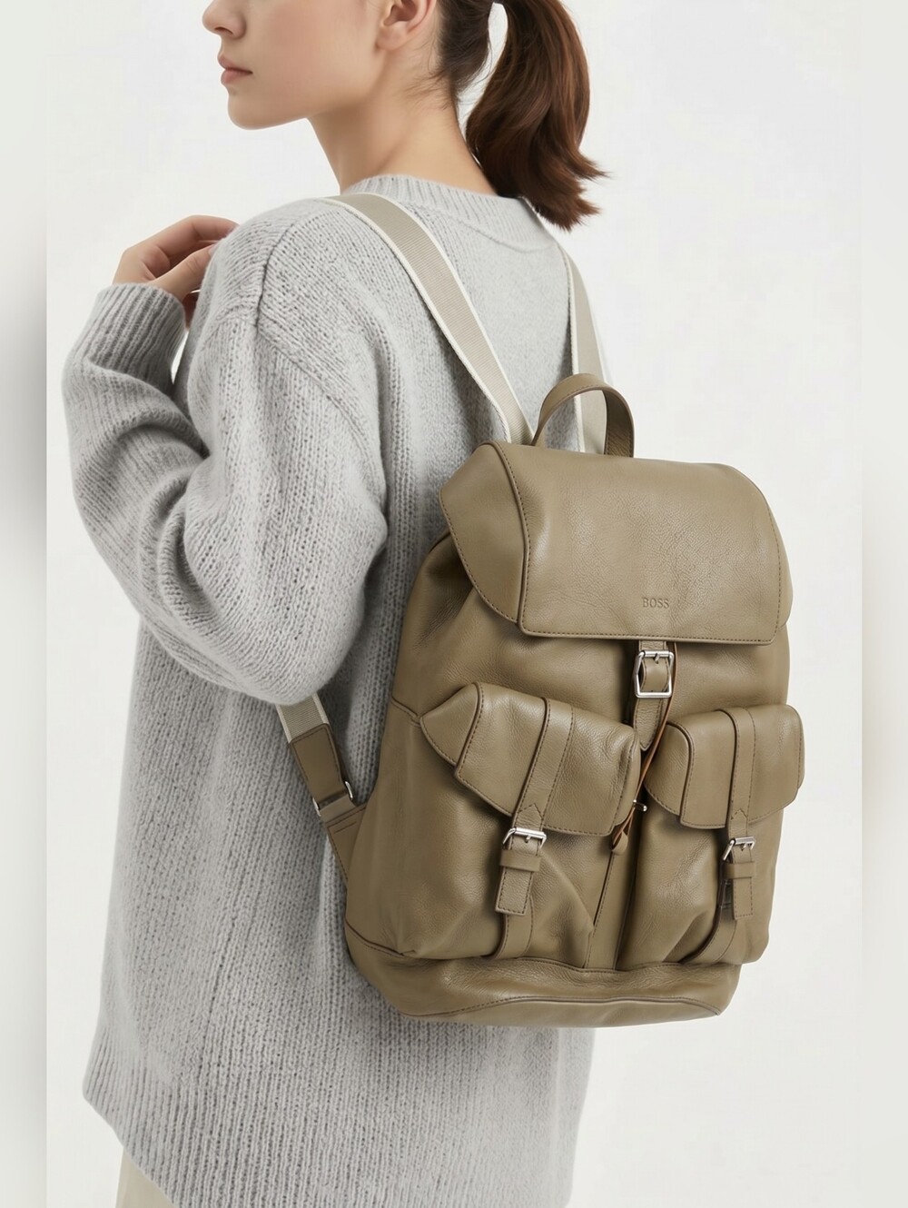BOSS HUGO BOSS Taupe Leather Backpack (Unisex)